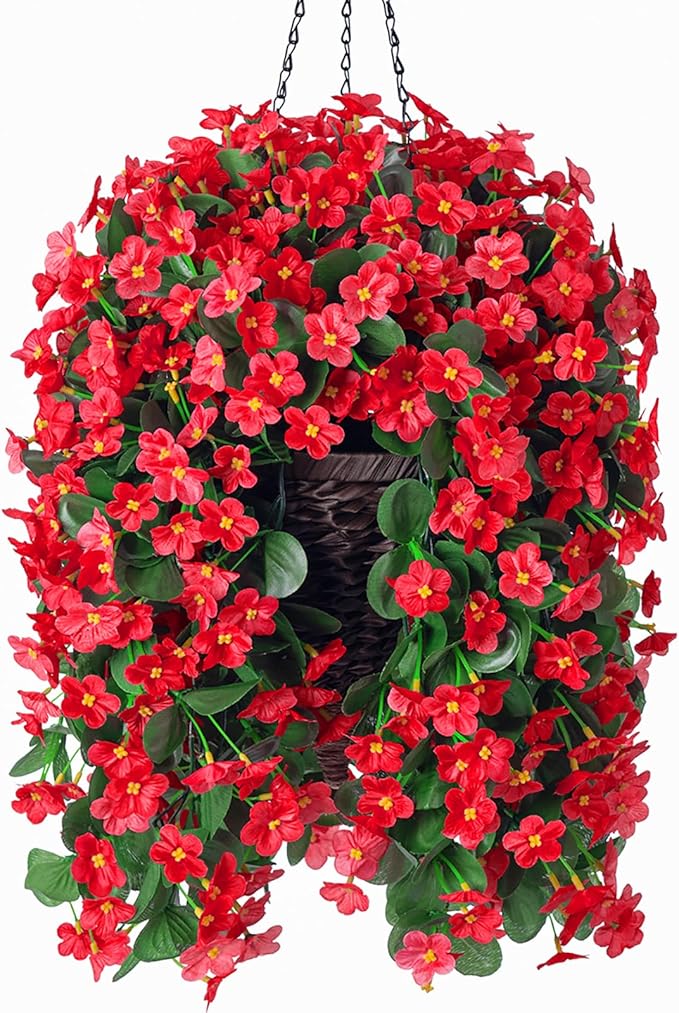 Artificial Fall Hanging Flowers with Baskets, Fake Silk Hanging Basket Daisy Orchid Flowers Plants, Faux Mums Flower Centerpieces for Home Indoor Outdoor Garden Patio Autumn Decoration(Red)