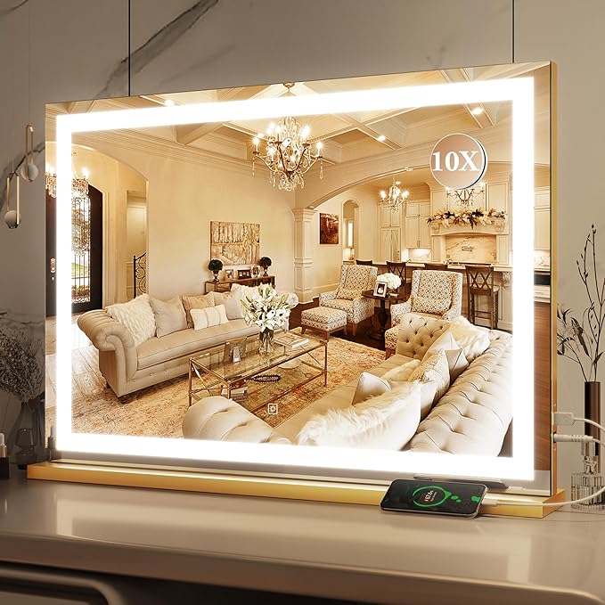 Vanity Mirror with Lights, 32" x 22" Large Lighted Vanity Mirror with Dimmable 3 Modes, LED Makeup Mirror, 10X Magnification, USB Charging Port, Tabletop or Wall-Mounted Square Gold