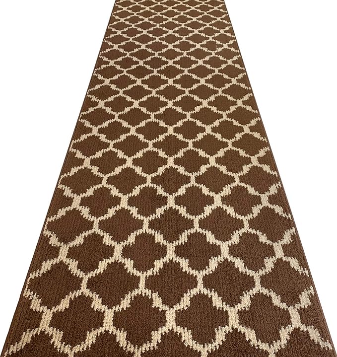 Custom Size Cut to Length Moroccan Trellis Design Runner Rug Mat For Wide Long Hallways with Non-Slip Rubber Backing, Better Traction for Pets, Prevent Slippage, Trellis Brown, 31 inch X 15 feet
