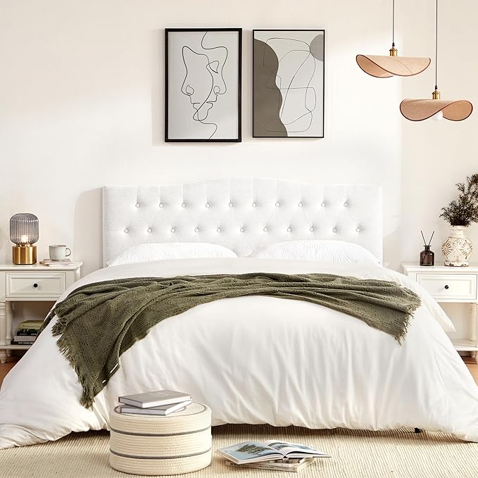 Tufted Upholstered Headboard King Size, Sturdy & Durable Solid Wood Bed headboard, Fabric Headboard Adjustable Height from 37” to 51”, Modern Button Diamond Design Head Board, White
