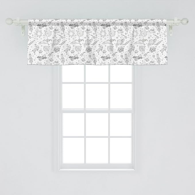 Ambesonne Cartoon Window Valance Pack of 2, Doodle Solar System Astronauts Space Crafts Shooting Stars Science Fiction Theme, Rod Pocket Curtain Valances for Kitchen Bedroom, 54" X 18", White Black