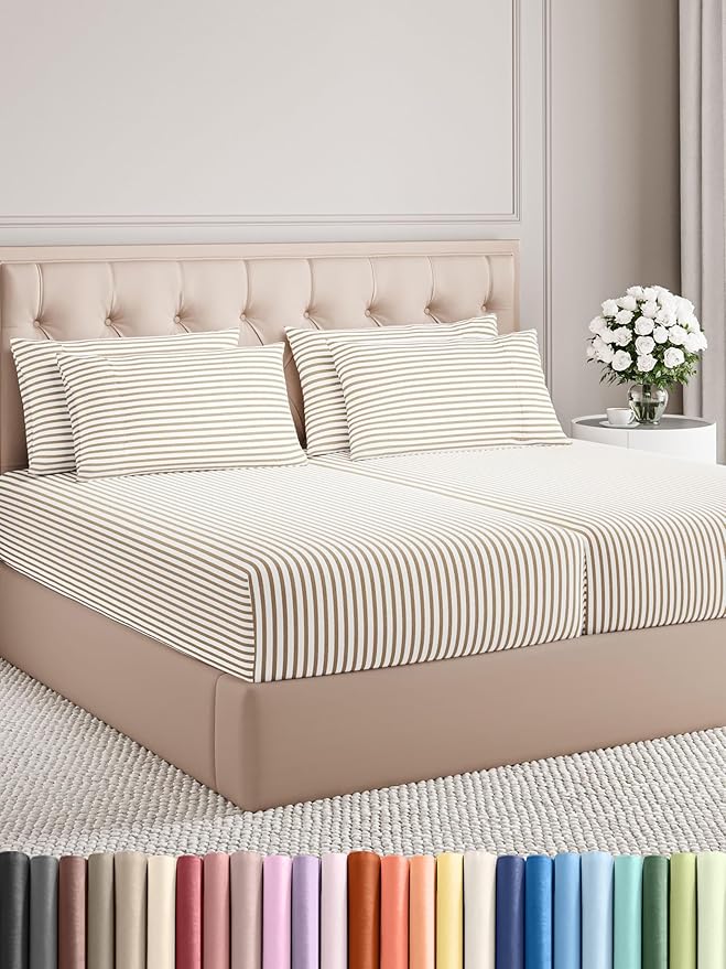 Split King 7 Piece Sheet Set - Comfy Breathable & Cooling - Soft Hotel Luxury Bedding Set w/ 8-16 Inch Deep Pockets - 1 Flat & 2 Fitted Sheet & 4 Pillowcases - Cozy & Wrinkle Free - Beige Stripes 2