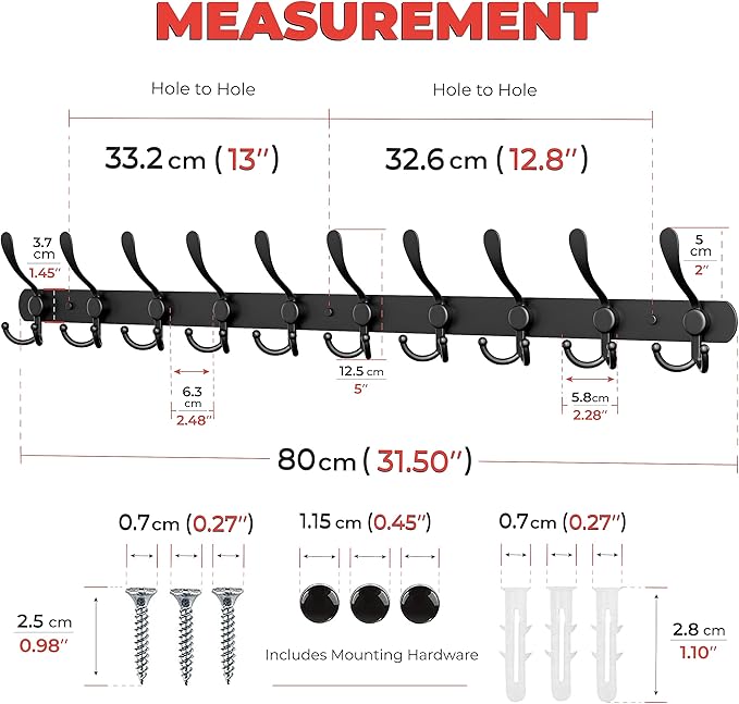 Coat Rack Wall Mount with 10 Tri Hooks, Stainless Steel 32 Inch – Black Matte Finish, Heavy Duty Wall Mounted Hook Rack for Coats, Hats, Towels, Scarfs, Robes, Bags, Entryway & Bathroom - 2 Pack