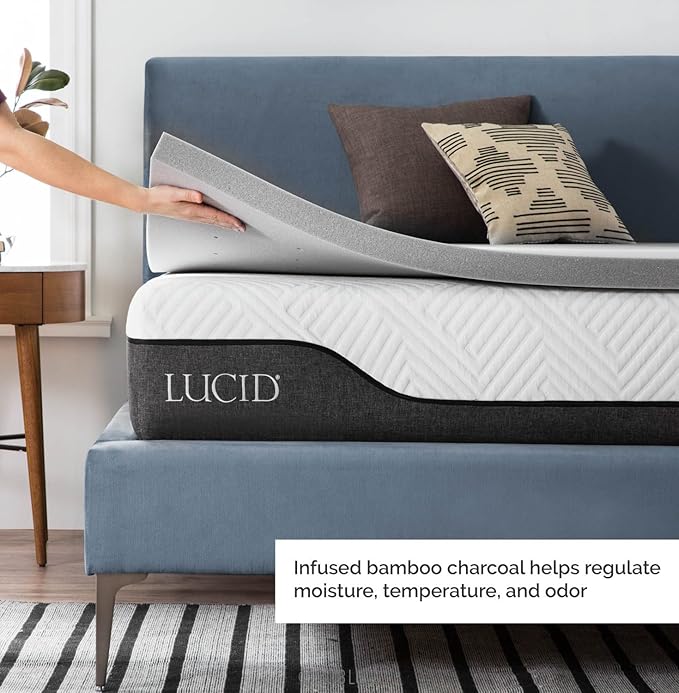 Lucid 2 Inch Ventilated Bamboo Charcoal Memory Foam Mattress Topper, CertiPUR-US Certified, Moisture and Odor Control-King