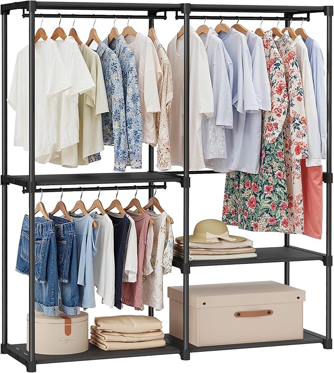 SONGMICS Portable Closet, Freestanding Closet Organizer, Clothes Rack with Shelves, Hanging Rods, Storage Organizer, for Cloakroom, Bedroom, 54.3 x 16.9 x 71.7 Inches, Black URYG025B02