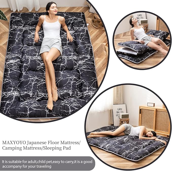 MAXYOYO Black Marble Printed Japanese Futon Floor Mattress, Thicken Sleeping Pad Floor Bed Roll Up Camping Guest Mattress Folding Couch Bed, Full Size