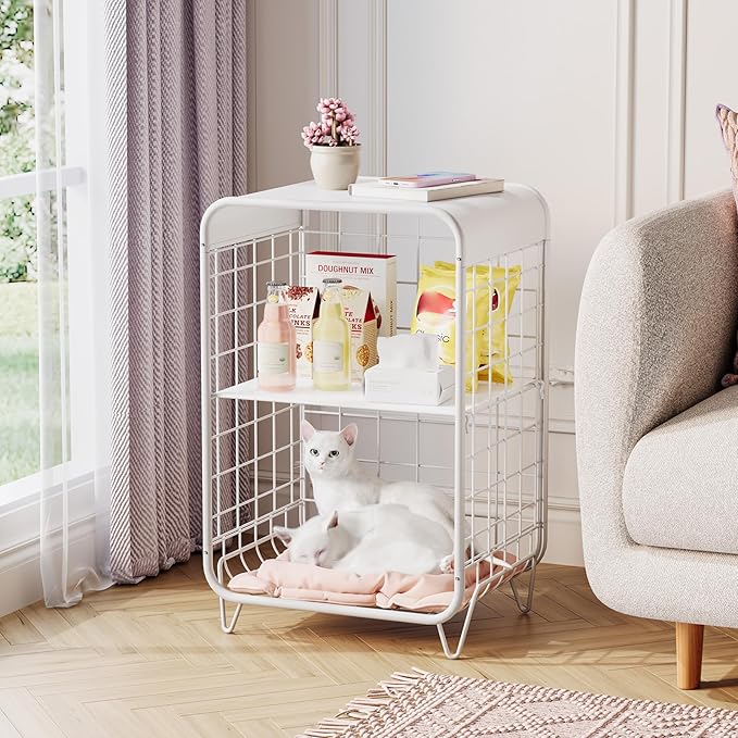 APEXCHASER Cute Nightstand,Metal Side Table,3 Tier End Table with Storage,Vintage Bedside Table,Girls Bedroom Furniture,Coffee Table for Living Room,Bedroom,Dorm,White