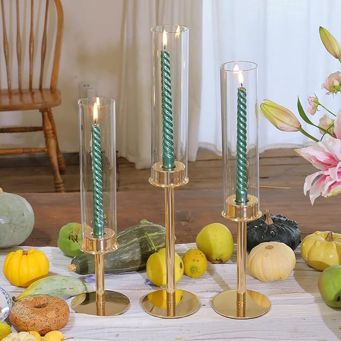 Hurricane Candle Holders Set of 3 Metal Candlestick Holder for Glass Taper Tall Candle Holders with Crystal Chimney Tube Candles Stands for Home Decor, Christmas, Dinning (3, Gold)