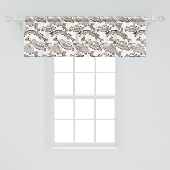 Ambesonne Fishes Window Valance, Watercolor Common Carp Perch and Bass Freshwater Animals Themed Seafood Drawing, Curtain Valance for Kitchen Bedroom Decor with Rod Pocket, 42" x 18", Pale Blue Grey