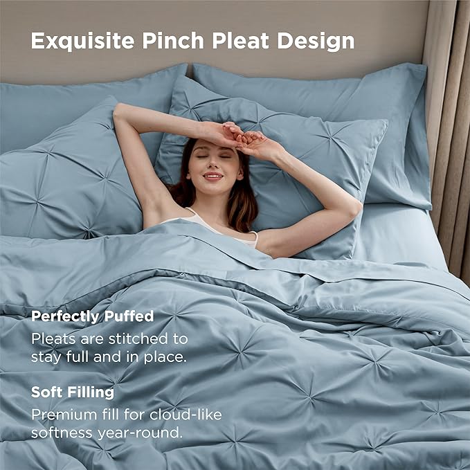 Bedsure California King Comforter Set - Bed in a Bag Cal King Bedding Set 7 PCS, GentleSoft™ Pintuck Bed Set Gift for Family, Pinch Pleat Light Blue Comforter with Sheets, Pillowcases & Shams