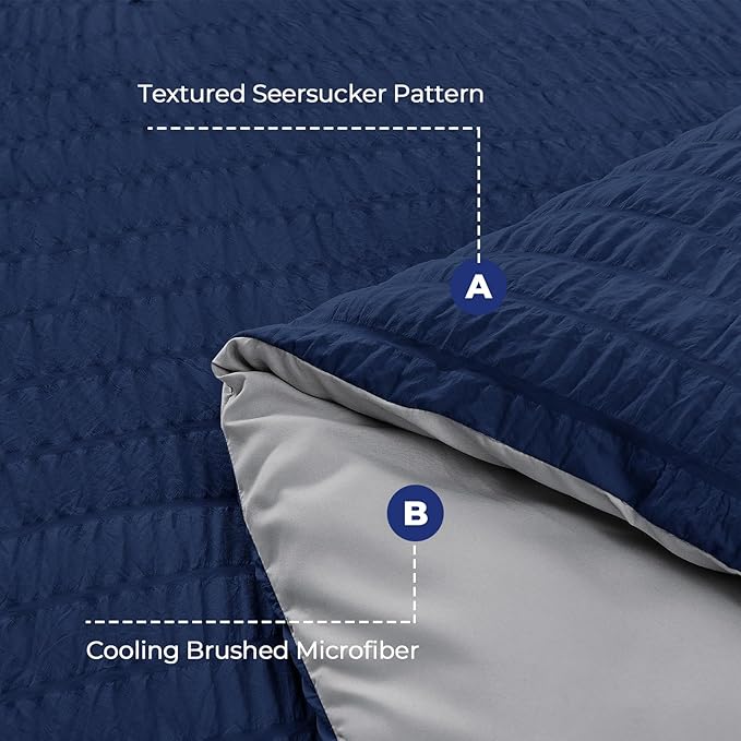 HYMOKEGE Navy Blue/Light Grey Twin Comforter Set Seersucker 5 Pieces, All Season Luxury Bed in a Bag for Bedroom, Bedding Set with Comforter, Sheets, Pillowcase & Sham