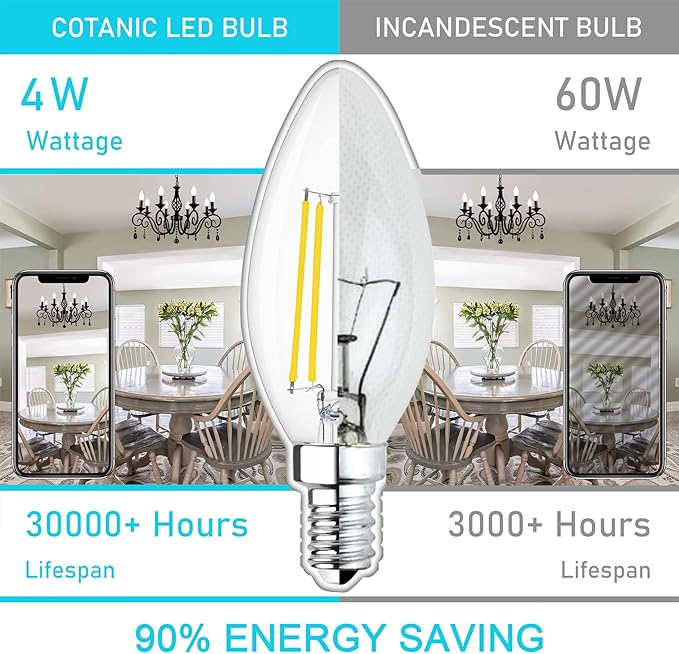 Cotanic Dimmable E12 Candelabra LED Bulb 5000K Daylight 60W Equivalent, Ceiling Fan Light, Type B Candle C35 Filament Chandelier Clear Glass, 600LM, 6 Pack