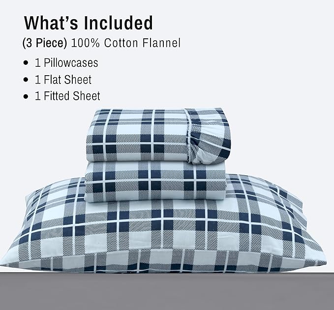 RUVANTI Flannel Sheets Twin Size - 100% Cotton Double Brushed Twin Sheets Set, Deep Pockets 16 Inches, All Seasons Breathable & Extra Soft Bed Sheets, Warm & Cozy, 3 Piece, Illusion Check