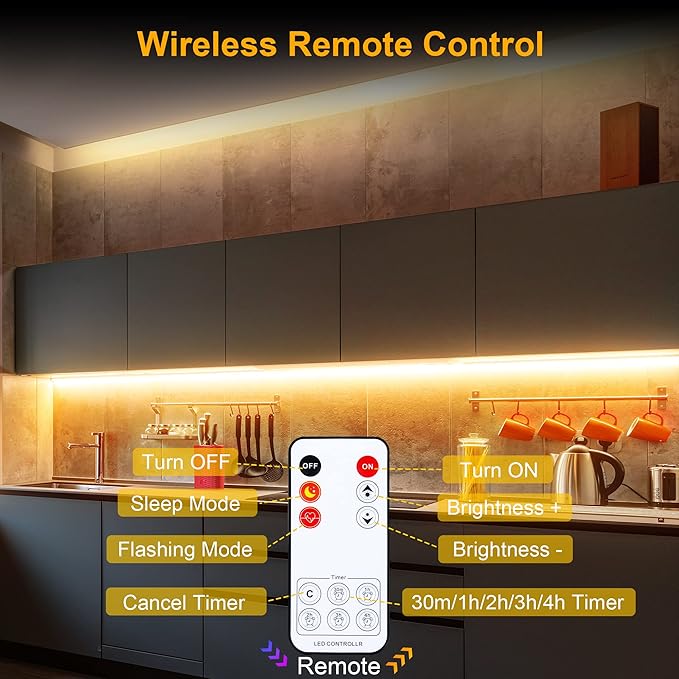 LAFULIT 10 PCS Under Cabinet Lights Kit, Stick on Lights, Flexible Led Strip Lights with Remote and Power Adapter, for Kitchen Cabinets Shelf Desk Counter Corner, 2700K Warm White, 16.4ft