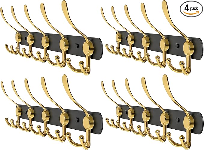 Coat Rack Wall Mount with 5 Tri Hooks, Stainless Steel 16 Inch – Black & Gold Matte Finish, Heavy Duty Wall Mounted Hook Rack for Coats, Hats, Towels, Scarfs, Robes, Bags, Entryway & Bathroom, 4 Pack