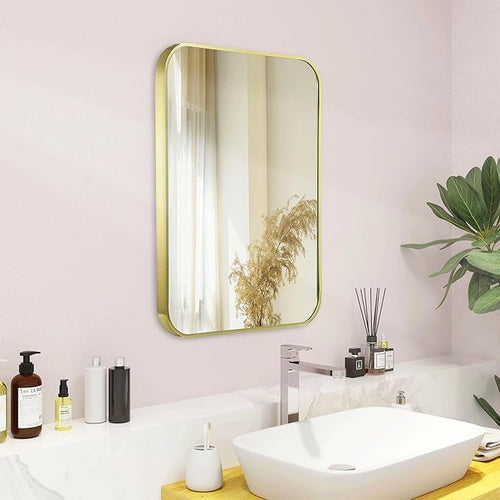16"x20" Brushed Gold Mirror for Wall, Bright Gold Rounded Rectangle Mirror with Metal Frame Hanging for Bathroom Entryway Vanity,Living Room,Bedroom,Vertical or Horizontal
