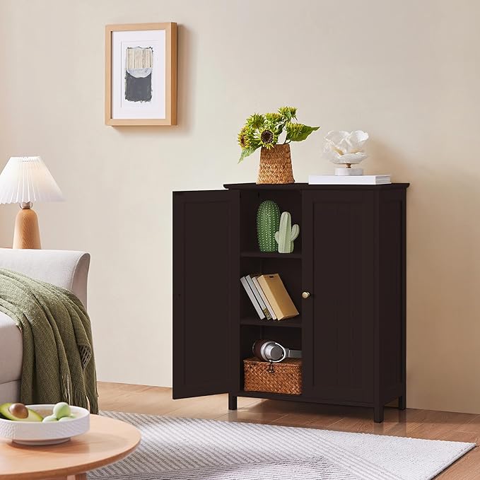 Yaheetech Bathroom Floor Cabinet, Modern Storage Freestanding Organizer Cabinet with Adjustable Shelves & Double Doors, 3-Tier Home Living Room Furniture, Espresso