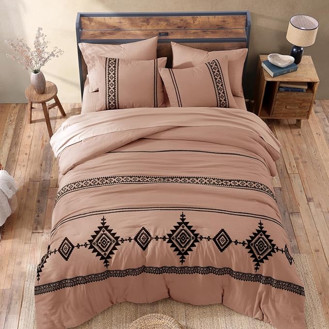 MaiRêve Embroidery Queen Size Comforter Set Dusty Pink, Boho Farmhouse Western Bedding Set 7 Pieces, All Season Bed in A Bag Comforter Set with Sheets, Pillowcases & Shams