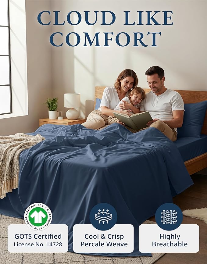 LANE LINEN 100% Organic Cotton Eco Friendly Fully Elasticized Twin XL Sheet Set, Low Pilling Fade Resistant Machine Washable Extra Long Twin Bedding Set, Soft & Comfy Cotton Sheets-Estate Blue