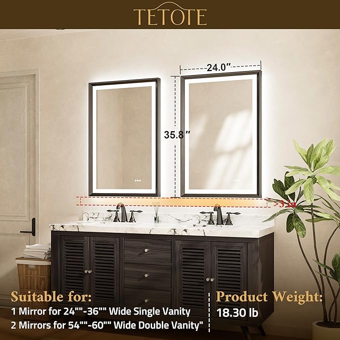 TETOTE Black LED Bathroom Mirror with Lights 24x36 Front & Back Light Vanity Framed Mirror Baroque Gothic Anti Fog Dimmable White/Warm/Natural,CRI90+,Waterproof,Wall Mounted(Horizontal/Vertical)
