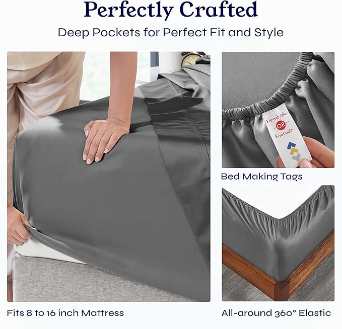 California Design Den 6-Pc Queen Size Sheet Set with 4 Pillowcases - 400 Thread Count 100% Cotton Sheets, Cooling Sateen Weave, Luxury Deep Pocket Bedsheets Set - Grey
