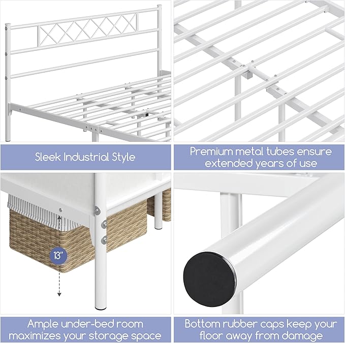 Yaheetech Metal Platform King Bed Frame Mattress Foundation with Headboard and Footboard No Box Spring Needed Under Bed Storage Steel Slats White