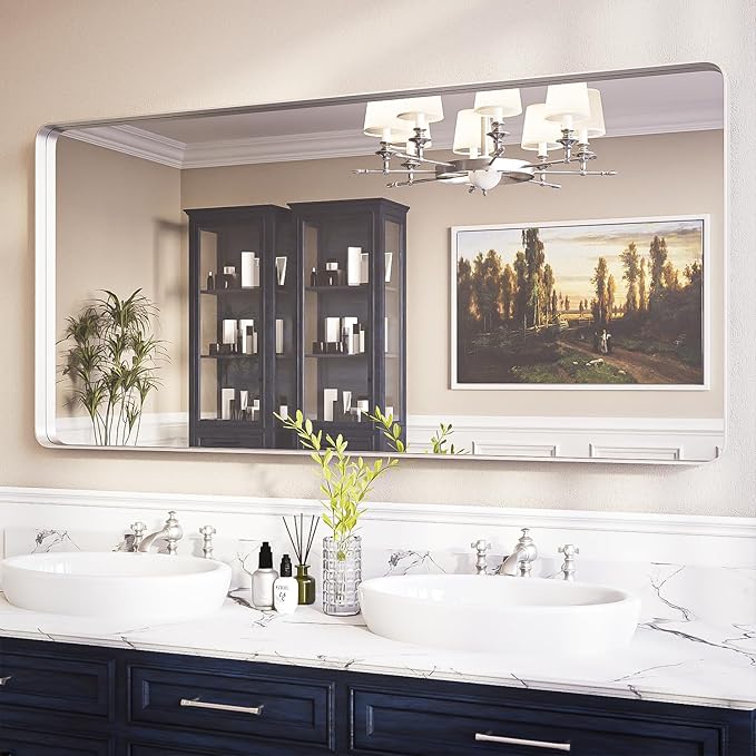 ISKM Large Sliver Metal Framed Bathroom Mirror for Wall, 60 x 28 Inch Large Vanity Mirror Wall Mounted Farmhouse Decorative for Living Room Entryway (Horizontal/Vertical)