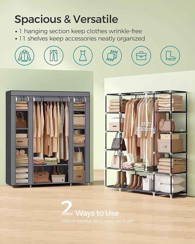 SONGMICS Closet Wardrobe, Portable Closet for Bedroom, Clothes Rail with Non-Woven Fabric Cover, Clothes Storage Organizer, 59 x 17.7 x 69 Inches, 12 Compartments, Gray ULSF03G