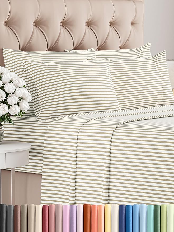 Cal King 6 Piece Sheet Set - Comfy Breathable & Cooling - Soft Hotel Luxury Bedding Set w/ 8-16 Inch Deep Pockets - 1 Flat & 1 Fitted Sheet & 4 Pillowcases - Wrinkle Free & Easy Care - Beige Stripes 2