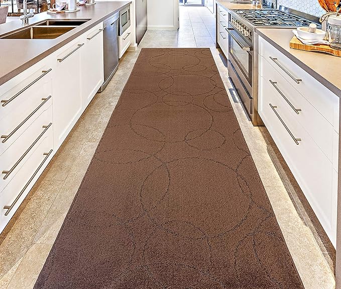 Custom Size Modern Geometric Pattern Carpet Runner Rug for Hallways, Slip Resistant Latex Rubber Backed, 31 inch Wide X Customized Length, Circles Brown, 31 inch X 33 feet