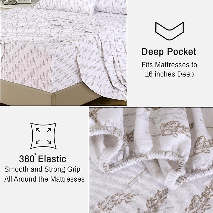 RUVANTI Flannel Sheets Full Size - 100% Cotton Double Brushed Bed Sheets Set, Deep Pockets 16 Inches, All Seasons Breathable & Extra Soft Full Sheets, Warm & Cozy, 4 Piece, Dried Straw