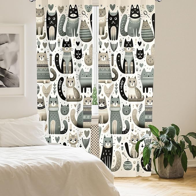 Ambesonne Cats Window Curtains, Modern Scandinavian Inspired Innocent Kitten Pattern with Leafy Details, Lightweight Decor 2-Panel Set with Rod Pocket, Pair of - 28" x 63", Pale Teal Pale Khaki Grey
