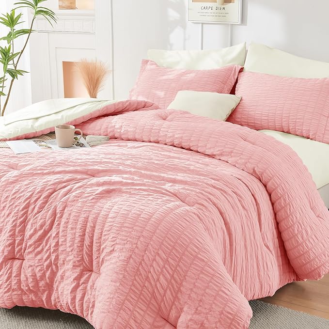 HYMOKEGE Pink/Ivory Twin Comforter Set Seersucker 5 Pieces, All Season Luxury Bed in a Bag for Bedroom, Bedding Set with Comforter, Sheets, Pillowcase & Sham