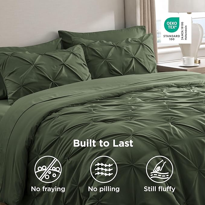 Bedsure King Size Comforter Set Olive Green - Bed in a Bag Bedding Set 7 Pieces, GentleSoft™ Pintuck Bed Set Gift for Family, Pinch Pleat Olive Green Comforter with Sheets, Pillowcases & Shams