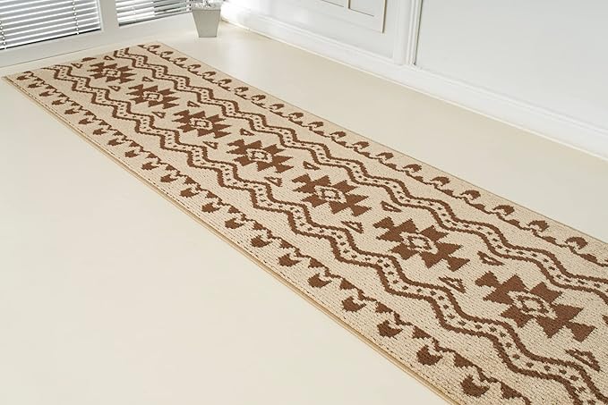 Custom Length Cut to Size Tribal Ethnic Southwestern Inspired Hallway Runner Rug, Non Slip Rubber Backed, 31 inch Wide X Customized Length, Aztec Beige, 31 inch X 8 feet