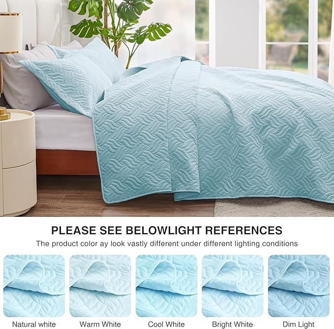 Love's cabin Quilts for Queen Bed Light Blue Bedspreads - Soft Bed Summer Lightweight Bedspread Comforter - Modern Style Wave Pattern Coverlet for All Season - 3 Pieces (1 Quilt, 2 Pillow Shams)