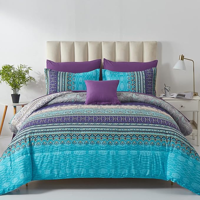 Cottolester Boho Comforter Set King Size 8 Piece Bed in a Bag Bohemian Striped Bedding Quilt Set Aqua Paisley Floral Comforter and Sheet Set,Soft Microfiber Complete Bedding Sets for All Season