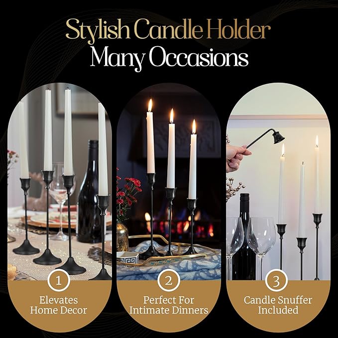 Black Candleholders for Taper Candlesticks Plus Candle Snuffer – Dining Table Décor Centrepiece - Metal Candelabra Candlestick Holder - Black Décor for Home Weddings Celebrations Events (Set of 6 Pcs)