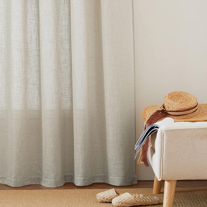 RYB HOME Linen Sheer Curtains - Natural Fibers Linen Blended Semitransparent Curtains & Drapes UV Protection Thermal Insualted for Classroom Camper Bunk Bed, W 52" x L 63", Angora, Set of 2