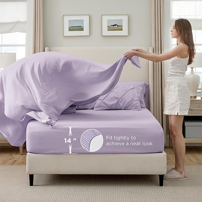 Bedsure King Size Comforter Set Light Purple - Bed in a Bag Bedding Set 7 Pieces, GentleSoft™ Pintuck Bed Set Gift for Family, Pinch Pleat Light Purple Comforter with Sheets, Pillowcases & Shams