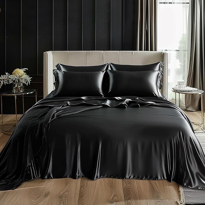 Love's cabin Satin King Sheet Sets - 4 Piece Black Silky Sheets King Size Bed Set with Deep Pocket, Luxury Silk Feel King Size Satin Sheet Set (1 Flat Sheet,1 Fitted Sheet,2 Pillow Cases)