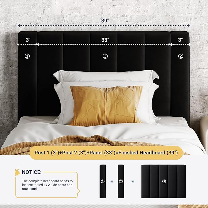 Allewie Twin Bed Frame/Velvet Upholstered Bed Frame with Vertical Channel Tufted Headboard/Strong Wooden Slats/Platform Bed Frame/Mattress Foundation/Box Spring Optional/Easy Assembly/Black