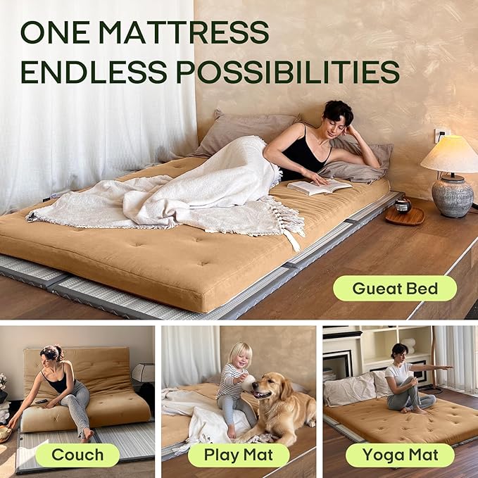 ZonLi Japanese Floor Futon Mattress Queen Size 80"x 60", 100% Cotton Cover 4'' Thicken Tatami Mattress, Foldable Sleeping Pad, Portable Dormitory Tatami Mat, Roll Up Floor Lounger Bed for Adult