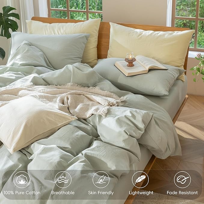 MooMee Bedding Duvet Cover Set 100% Washed Cotton Linen Like Textured Breathable Durable Soft Comfy (Heathered Sage Green, Oversized Queen 98"x98")