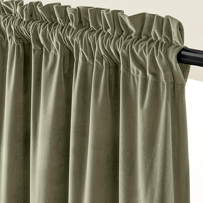 Lazzzy Velvet Blackout Curtains Thermal Insulated Room Window Drapes Super Soft Luxury Curtains for Living Room Bedroom Rod Pocket 2 Panels, Olive Sage, 52" W x 108" L