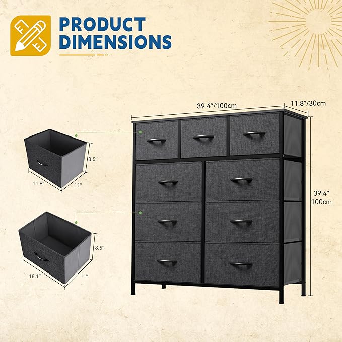 DWVO 9 Drawers Dresser for Bedroom, Fabric Storage Tower for Living Room, Entryway - Sturdy Steel Frame, Wooden Top & Easy Pull Fabric Bins