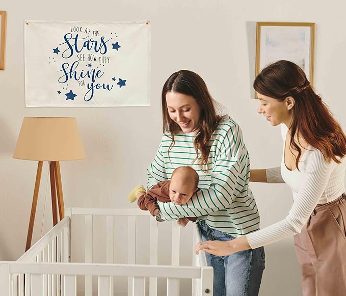 Boho Rectangular Banner Flag Wall Sign Decor Gift for Boy Girl Kids,Nursery Baby Room Above Crib Bedroom Playroom Living Room Wall Decor-Look At the Stars See-Baby Shower Birthday Christmas Gift