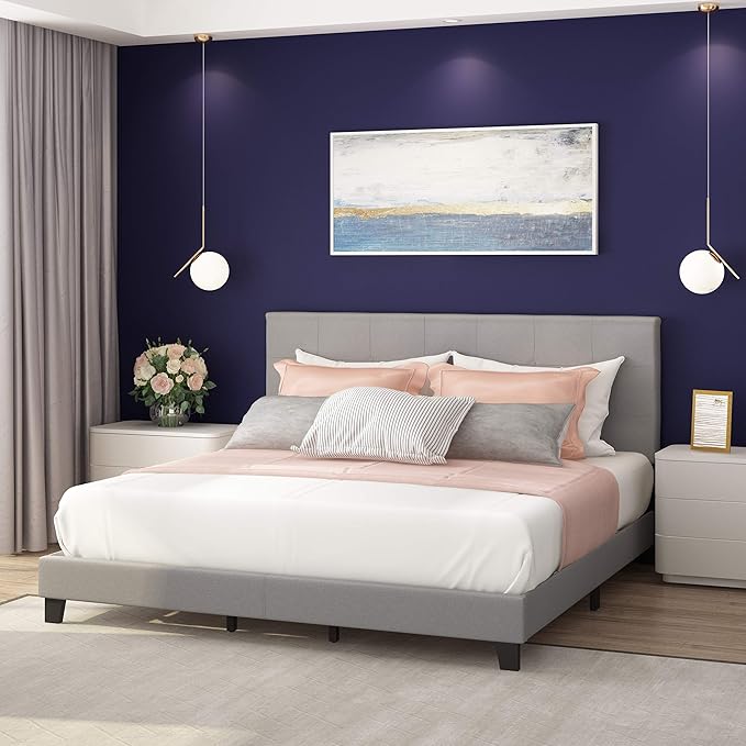 Furinno Laval Button Tufted Upholstered Platform Bed Frame, California King, Glacier
