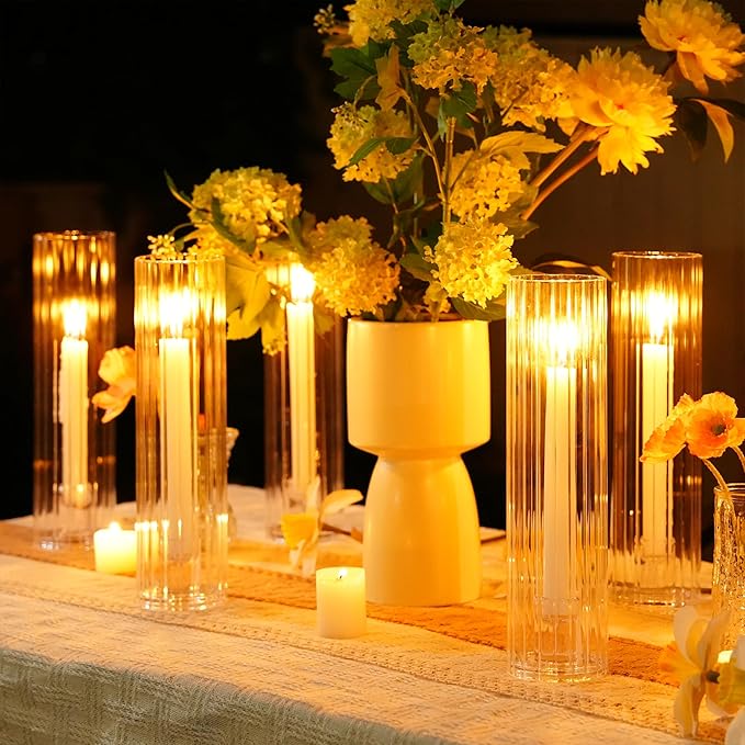 Hurricane Candle Holder Thickened Ribbed Cylinder Covers Taper Candle Sticks Holder Glass Tall Candlesticks Holders Centerpiece for Wedding Dining Table, 4 Pcs
