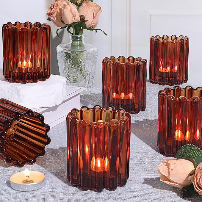 6pcs Votive Candle Holder, Amber Glass Vintage Candle Holders, Tealight Candle Holder for Boho Fall Wedding Centerpieces Dinner Party Table Decor